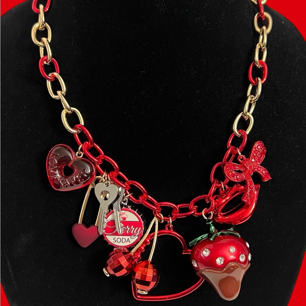 Betsey Johnson Red and Gold Heart Charm Necklace